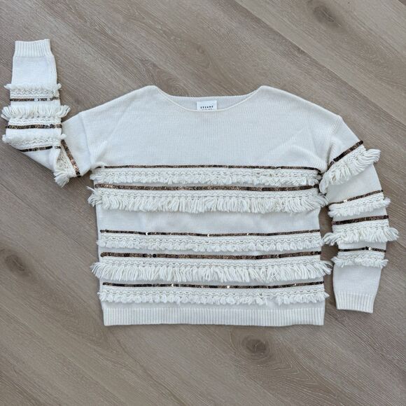 NWOT Sezane Marley Sweater Wool Alpaca Fringe Sequin Cream Ivory White Sz S - Picture 3 of 11